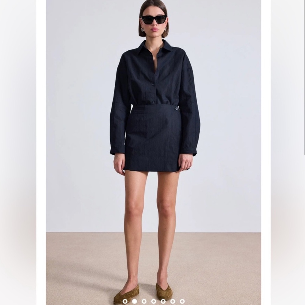 NWOT Apiece Apart Black Linen Cotton Suiting Button-Up Wrap Collared Mini Dress